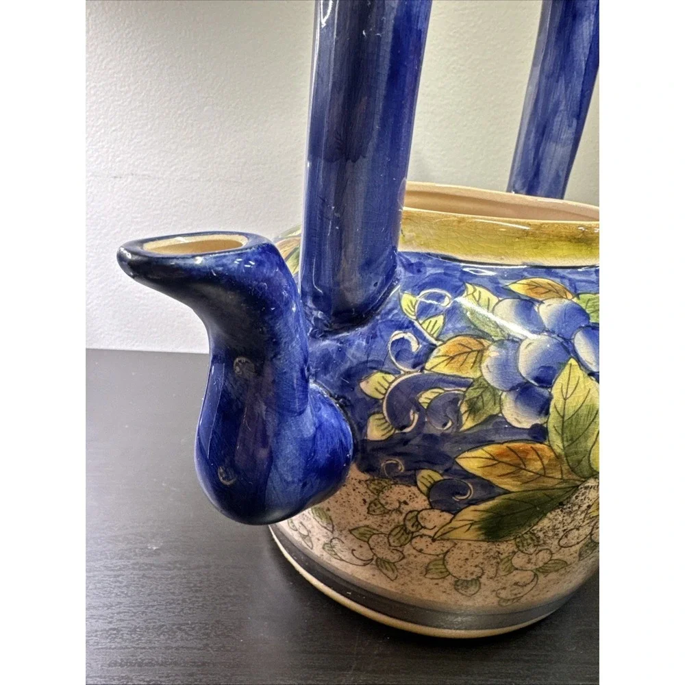 Lg Vtg Ceramic Pottery Teapot With Lid Colorful Cobalt Blue Yellow Pears‎